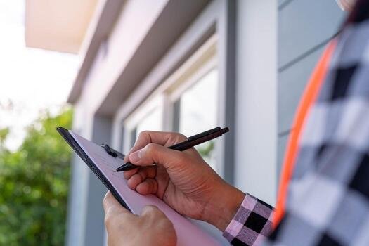 Inspector holding a clipboard and pen while checking the outside of a house